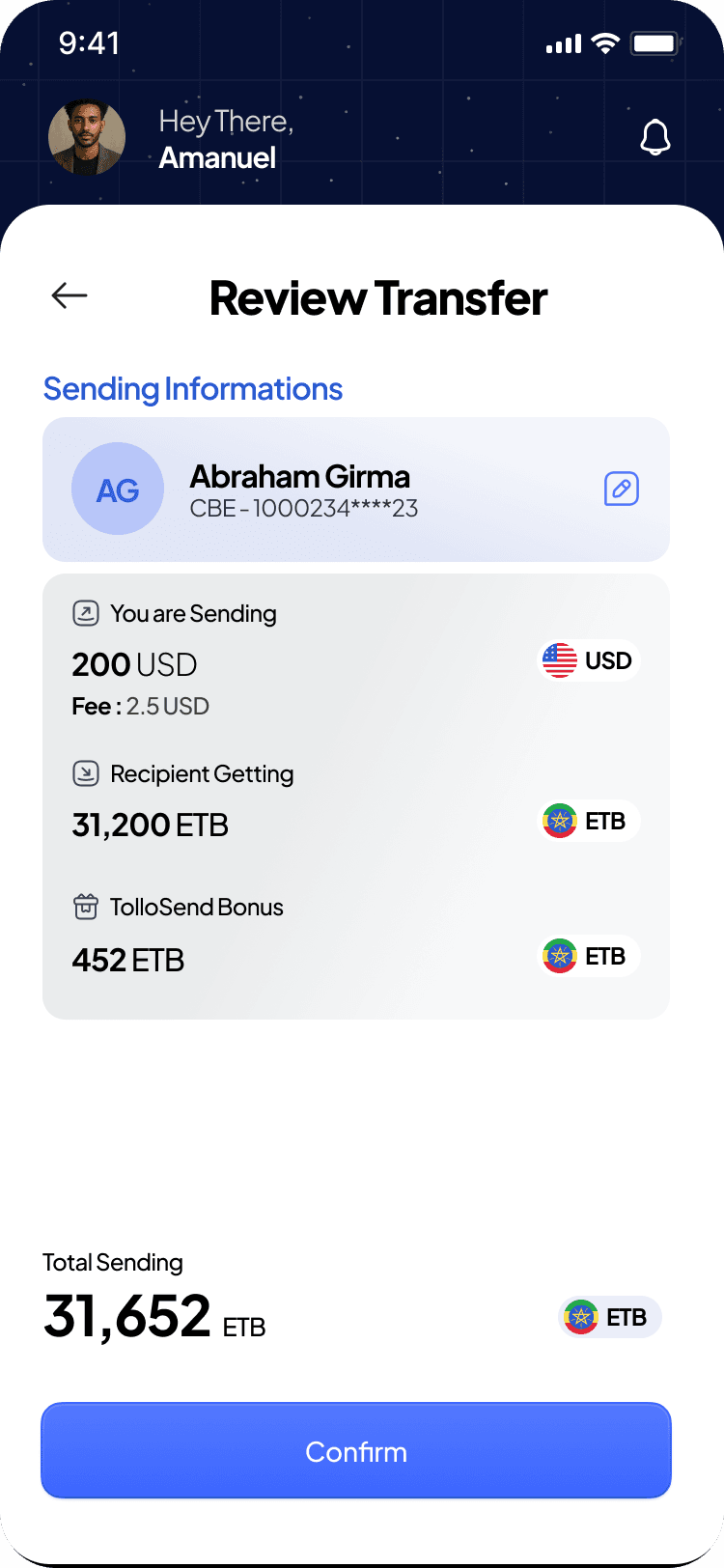 Send Money interface